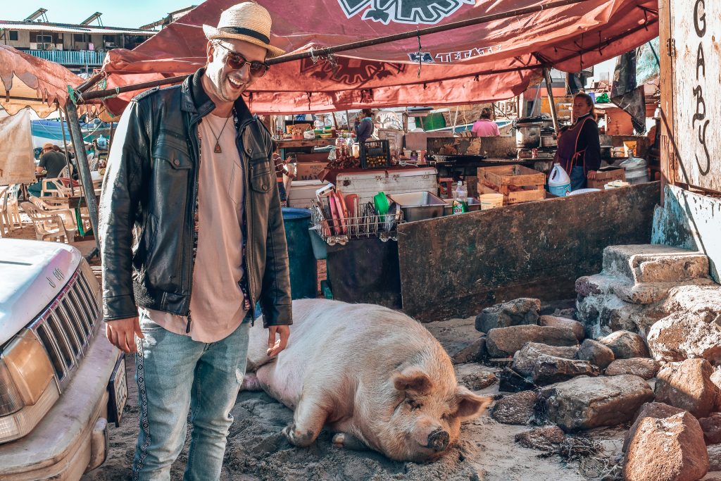 man with a large pig laying in the sand in Rosarito Mexico