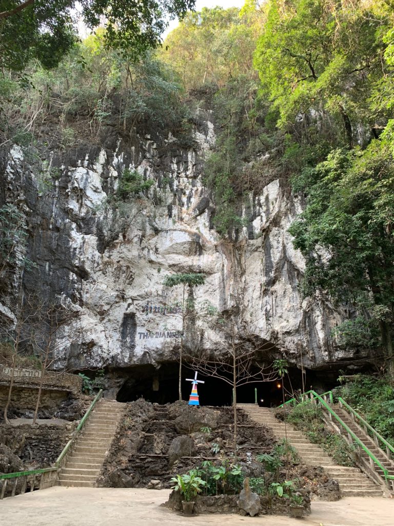 Laos cave on the Thakhek loop. Cave with stairs. 