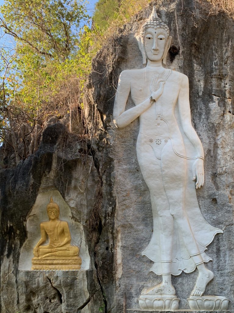stone carvings of buddha on rock wall. 