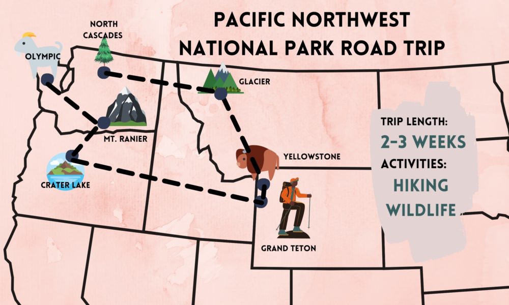 Pacific Northwest road trip map on pink background 