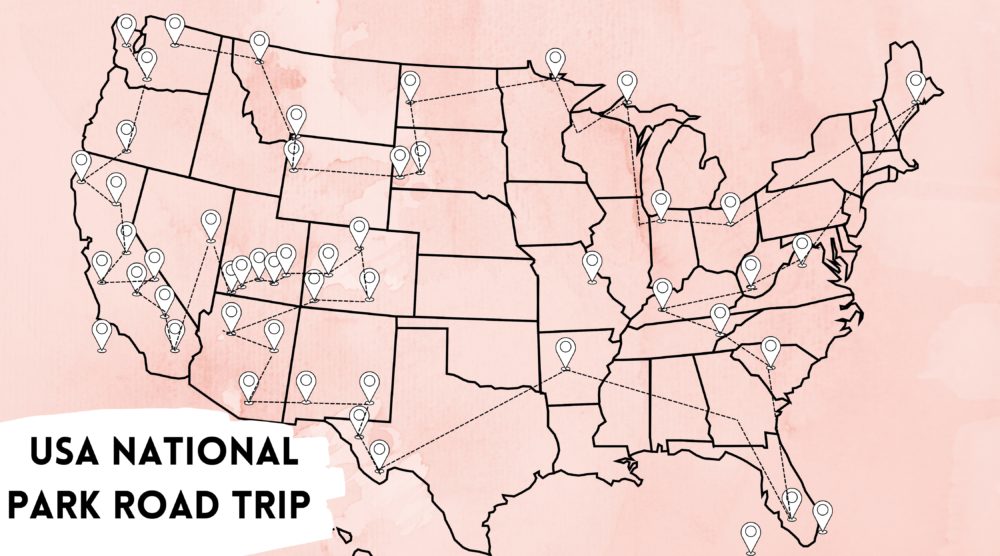 My hand made map of our USA National Park Road trip. Pink map of the US