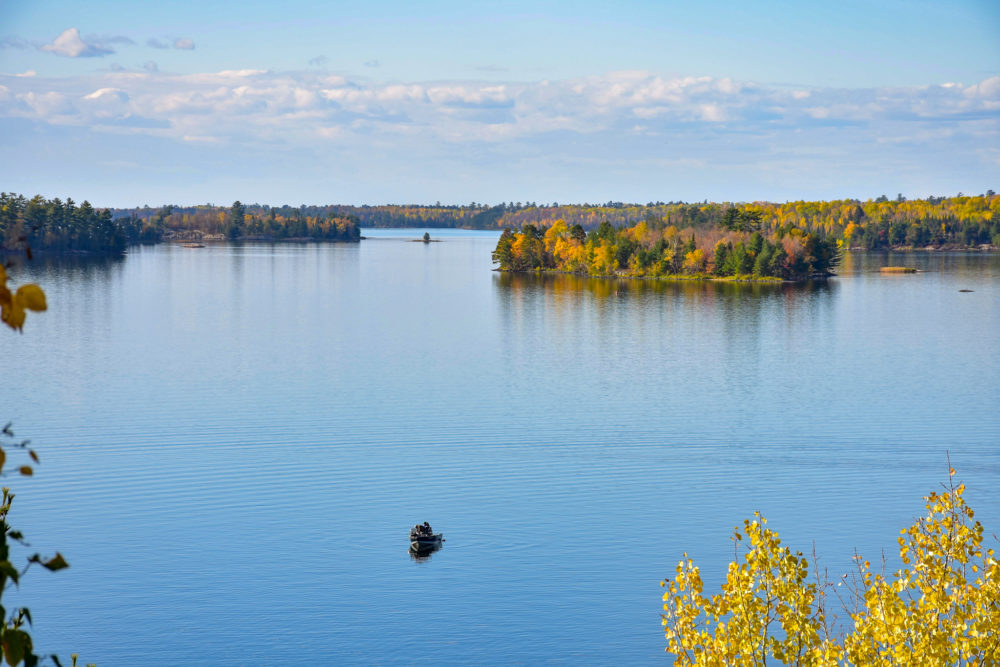 Small boat on a massive bright blue lake with golden leaves of fall on tall the trees. USA National Park Road trip 