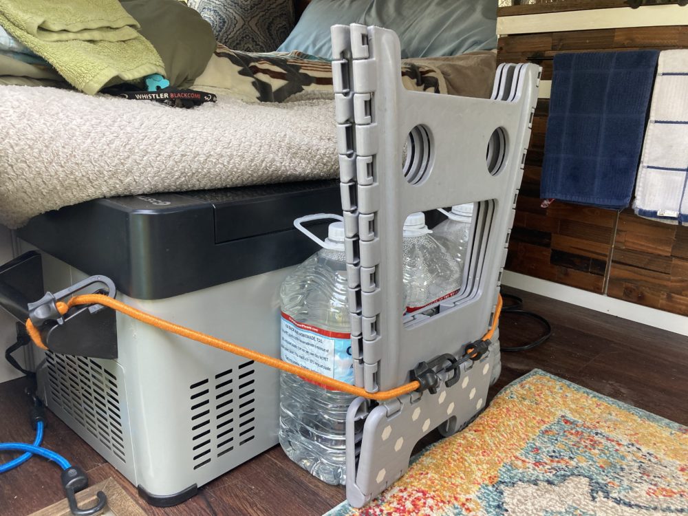 Our fridge system in the van. An electric cooler-style fridge. 