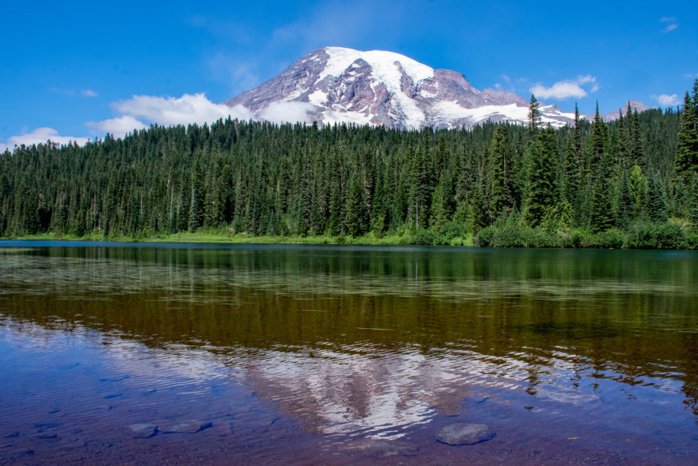One of the best sights for a weekend in Rainier National Park. Reflection lake is reflecting in its waters the view of snowy mount rainier. 