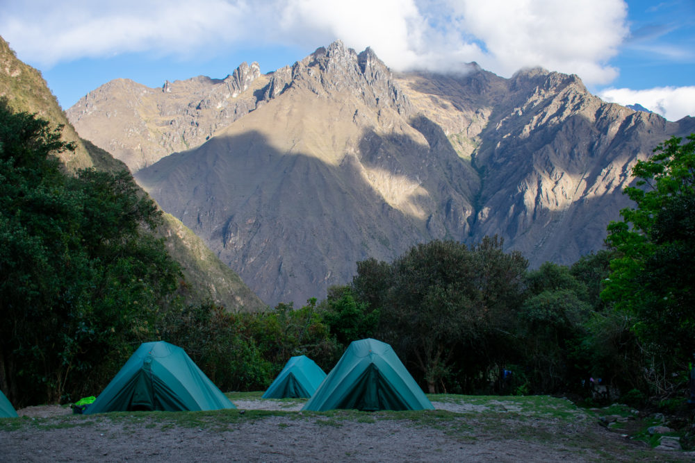 Our campsite night one on the traditional Inca Trail. Mountains in the background. 