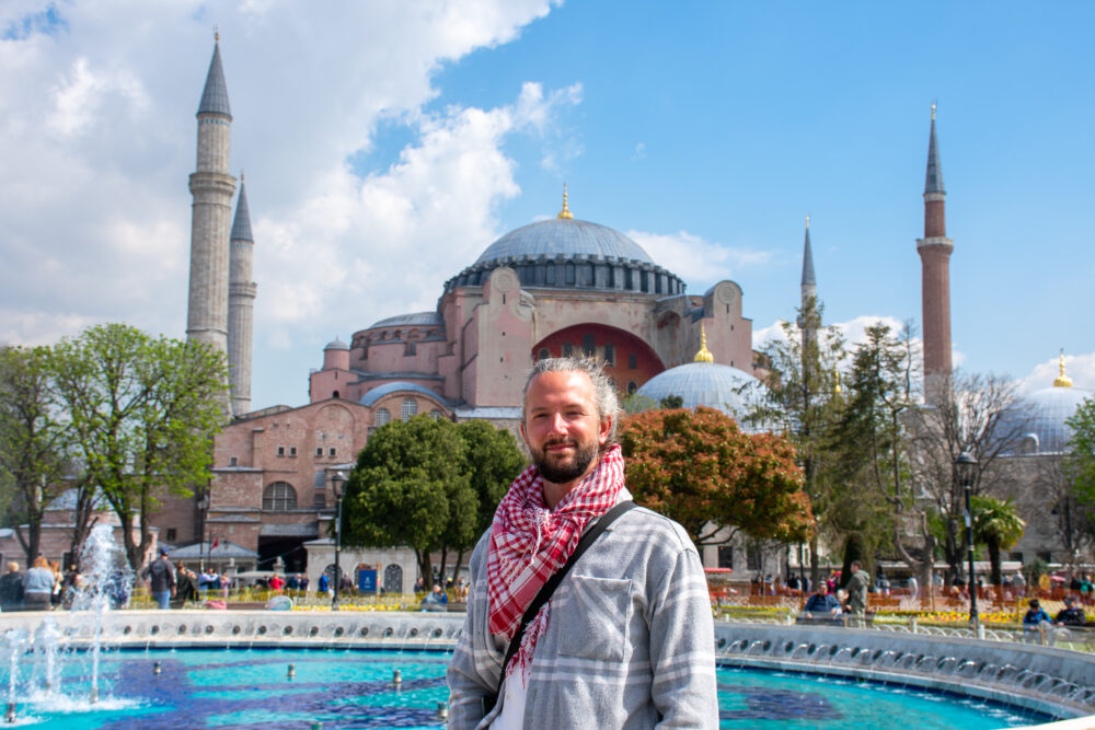 Evan outside the mosques in Istanbul 