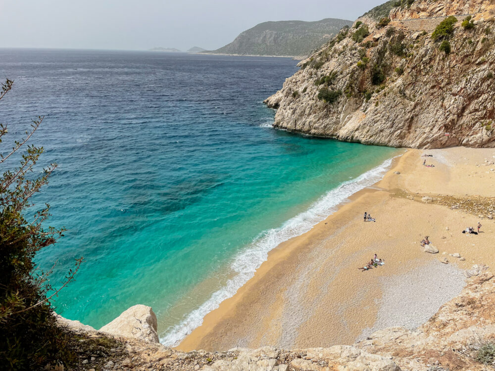 A bright blue beach from above on Turkey's Turquoise Coast