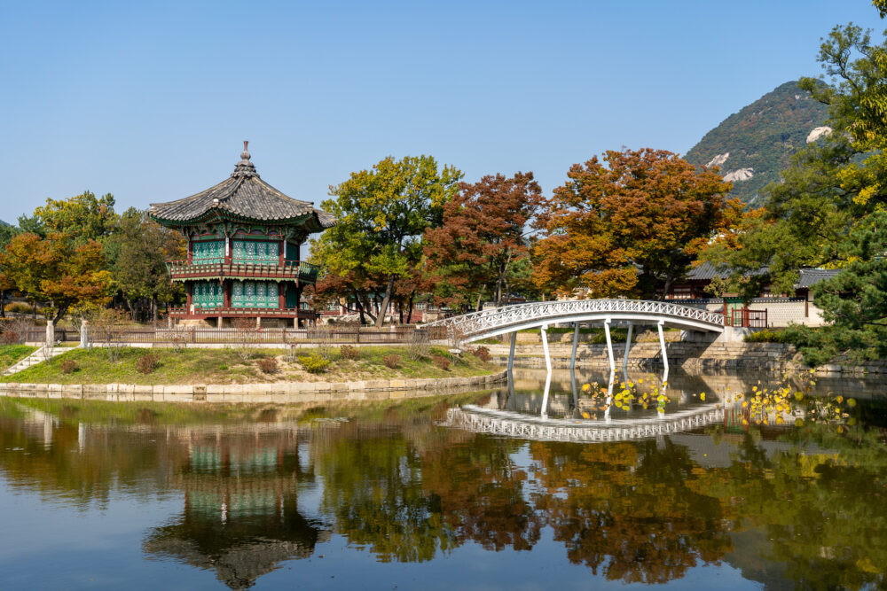 A shrine overlooking a lake and a small bridge with lots of fall colors. 