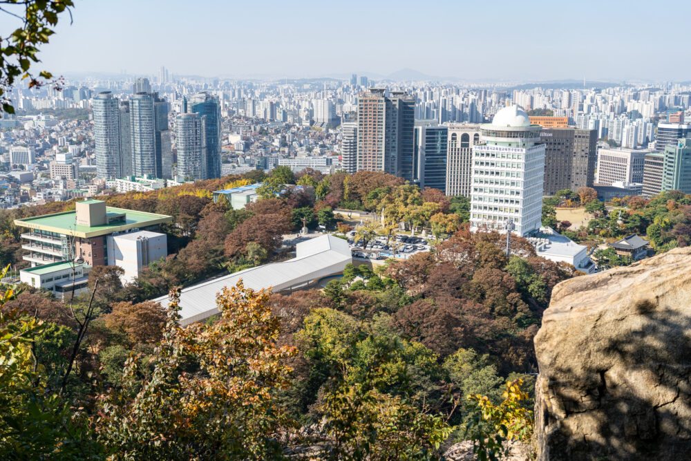 Fall colors in the trees and views of the city of Seoul. 