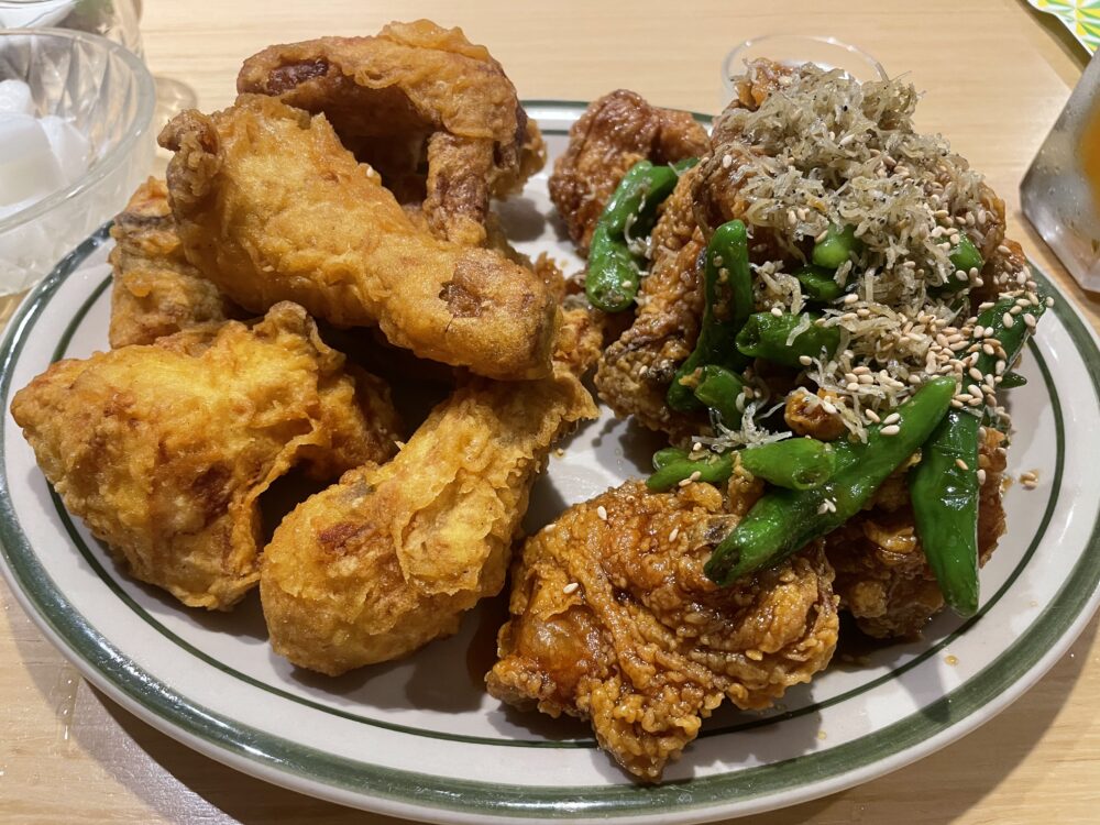 Two different kinds of fried chicken. 