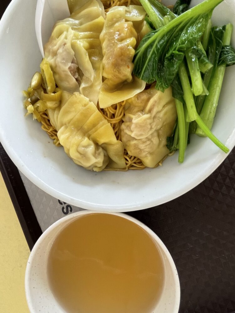 Hand folded dumplings on top of noodles with some bok choy 