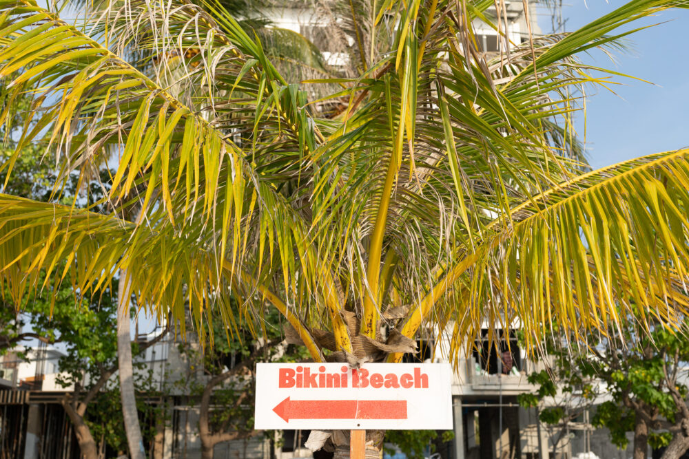 Sign showing the way to bikini beach with a palm tree behind it. 