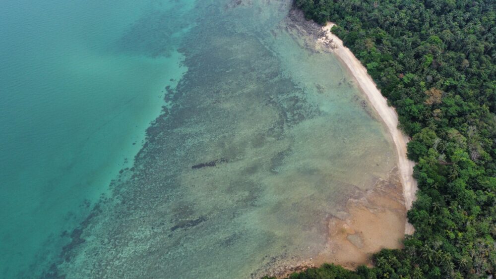 Huge beach area viewed from above with green jungle and blue water. 