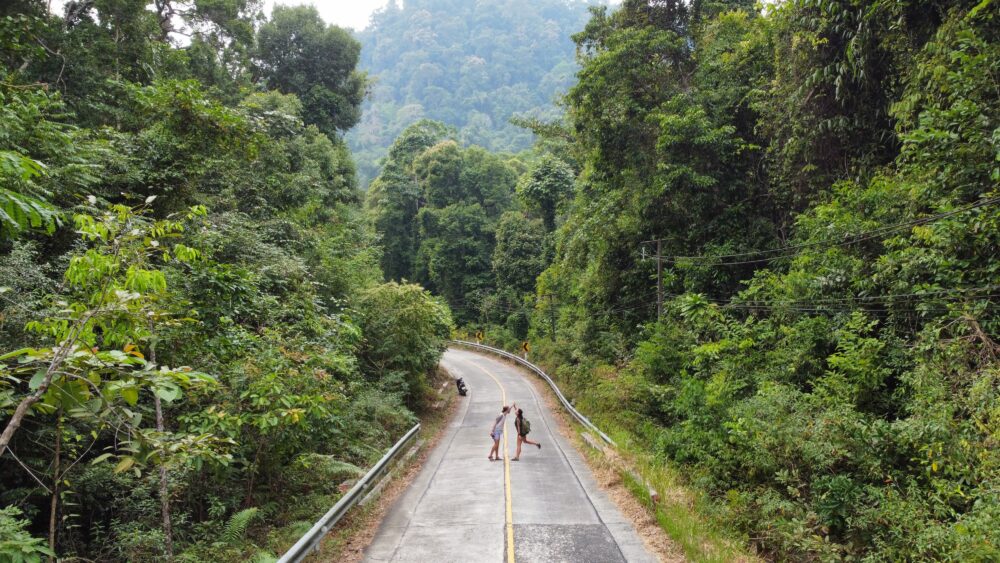 Couple dancing in the road surrounded by jungle and a motorbike in the distance. 