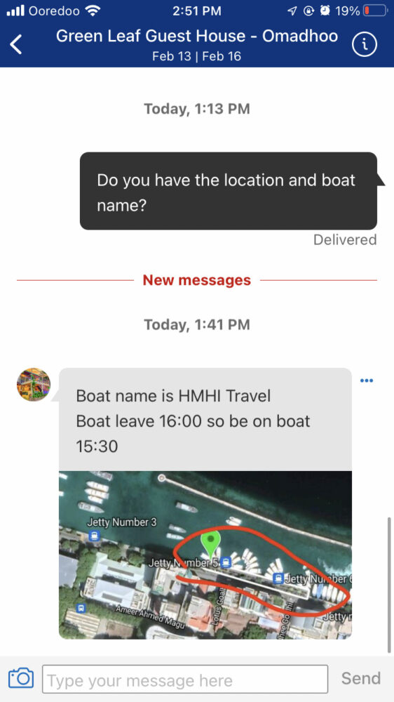 Screenshot of where the speedboat to Omadhoo leaves Male