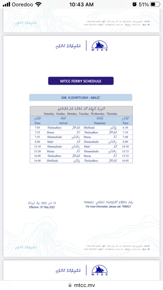 Maldives Local ferry schedule to Thulusdhoo