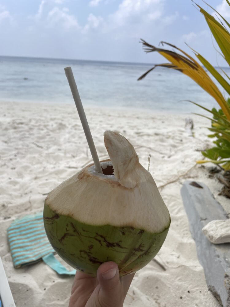 Sitting on a white sand beach with a coconut in hand 