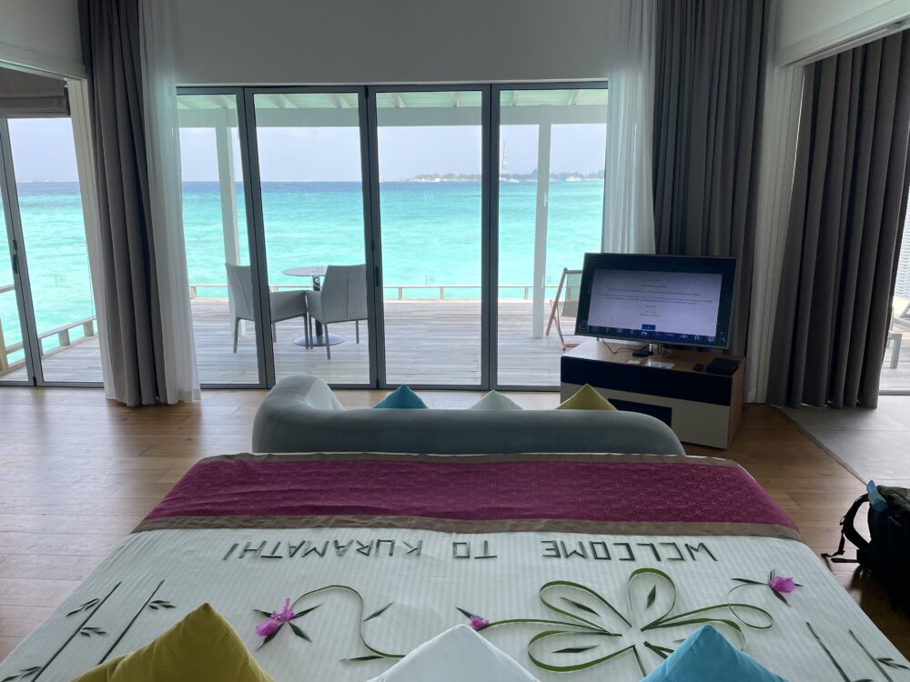 views from our bed at Kuramathi Overwater Bungalows 