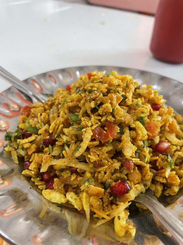 Bright yellow bhel puri. An indian street food dish. 