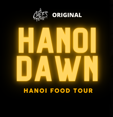 Hanoi Dawn written in gold on a black background 