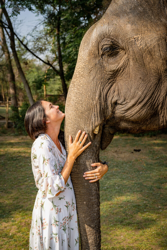 Woman in a white dress looks lovingly at an elephant and hugs her trunk. 