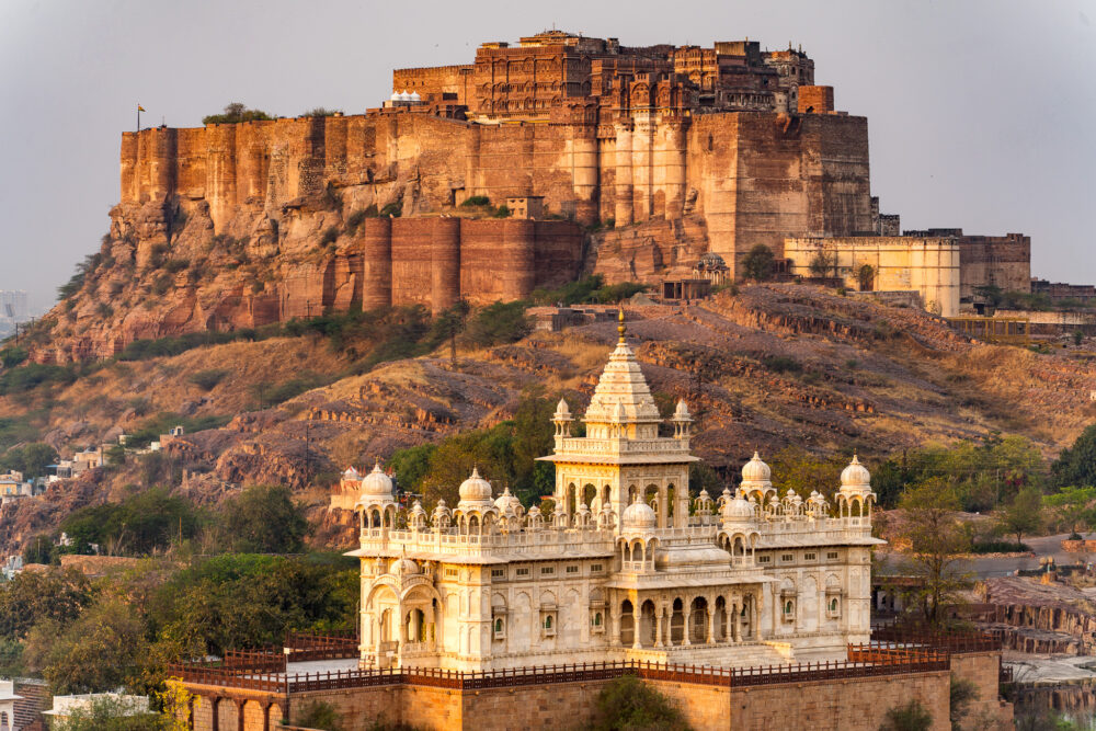 View of a fort and white marble temple in Jodhpur. 