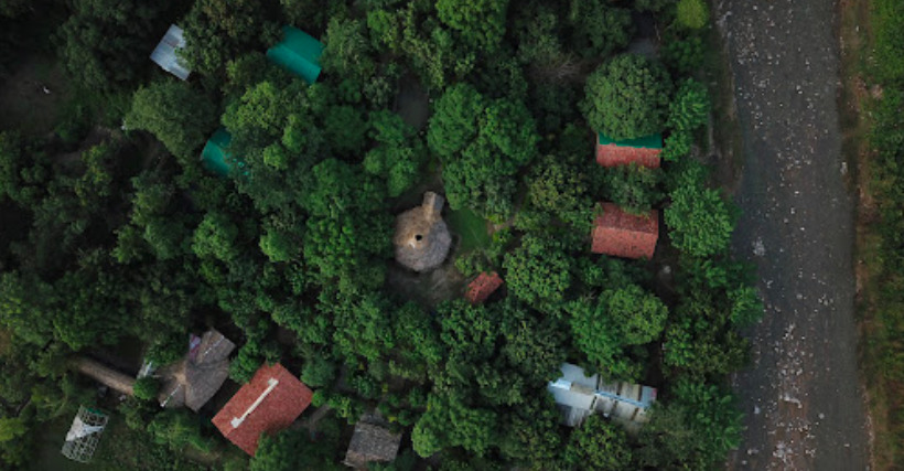 An aerial view of the jungle surrounding camp hornbill in Jim Corbett National Park 