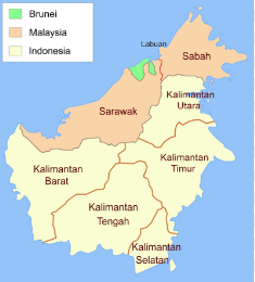 Map of the island of Borneo divided between the three countries. 