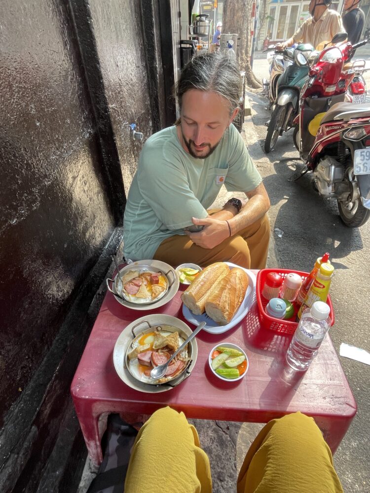 A breakfast banh mi served on the street in Vietnam 