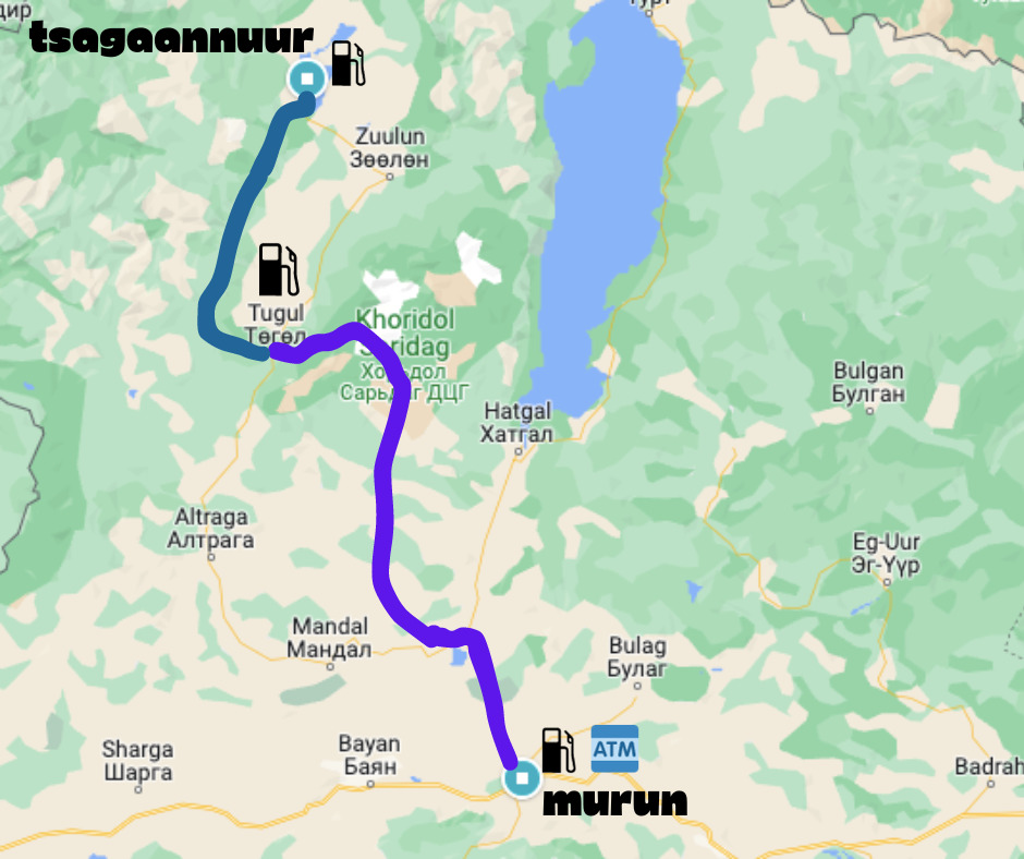 My route I took to get to Tsagaannuur from Murun 