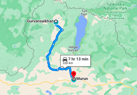 map of getting from Murun to Tsagaannuur