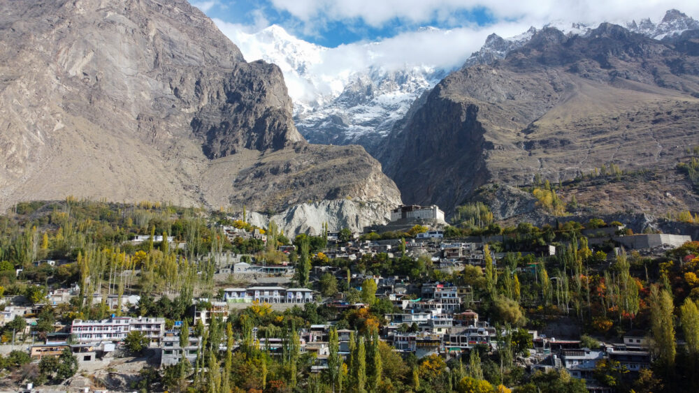 Viewpoint of a fort in Gilgit Baltistan with mountains behind it 