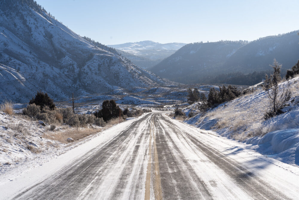 snowy road in the Yellowstone Area 