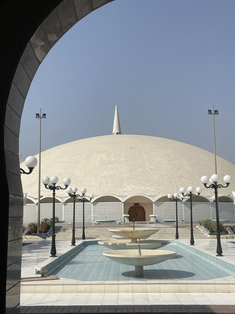 a huge white domed mosque in Karachi Pakistan 