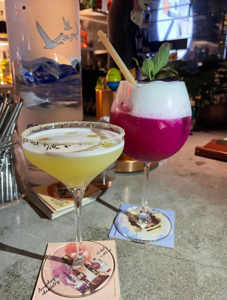 two cocktails, one yellow and one pink topped with foam. 