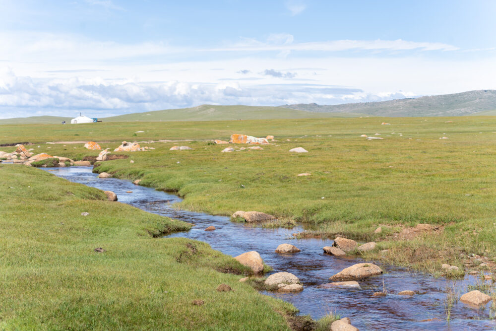a calm river in a grassy meadow. self drive Mongolia itinerary