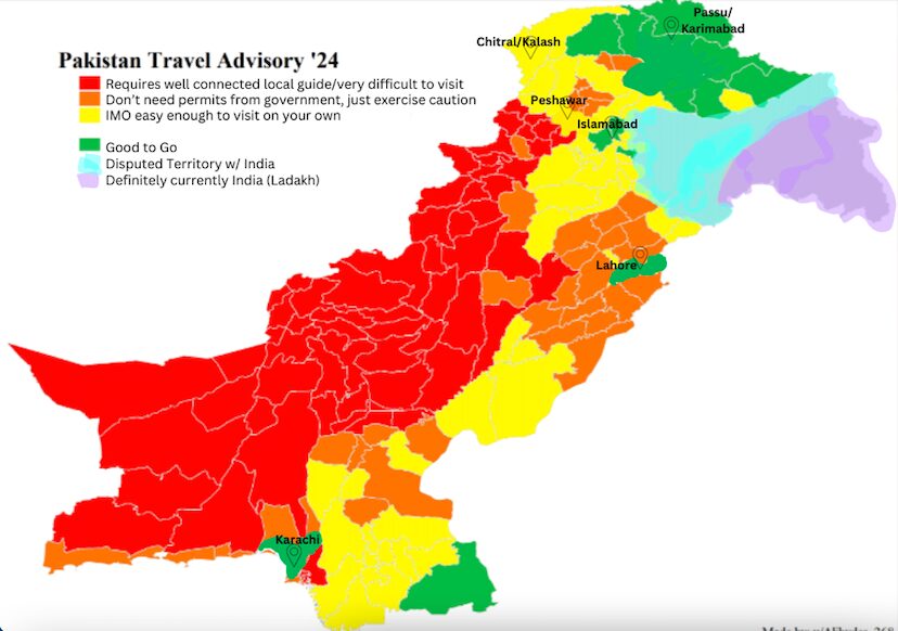 colored map of where you can go in my Pakistan travel guide 