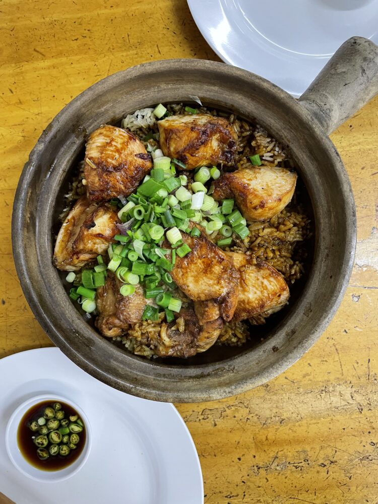 delicious pile of chicken in a clay pot with green onions on top 