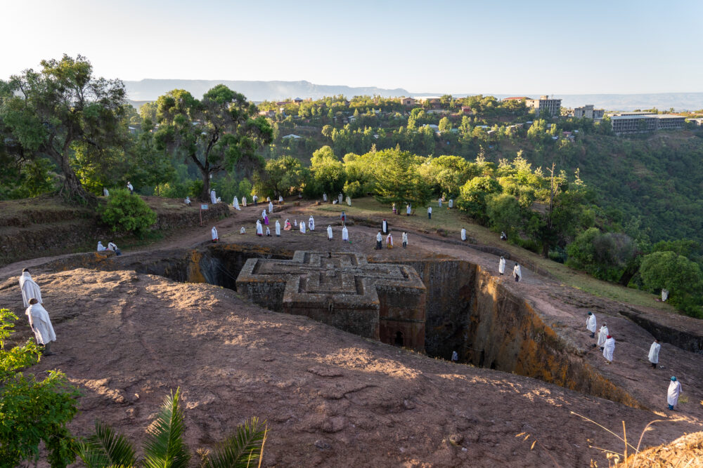 the rock-hewn church cut into the hillside in Lalibela