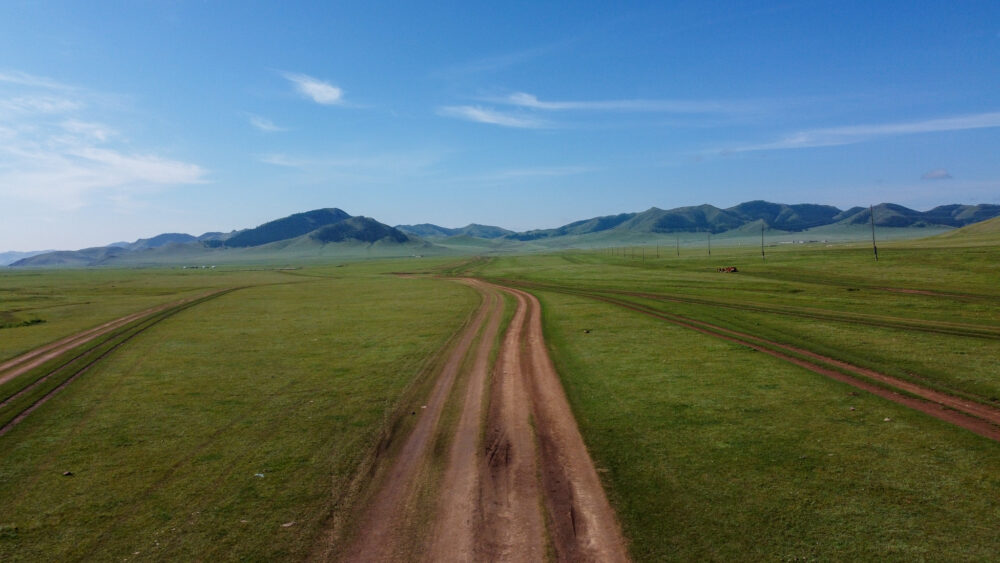 dirt tracks in a grassy landscape