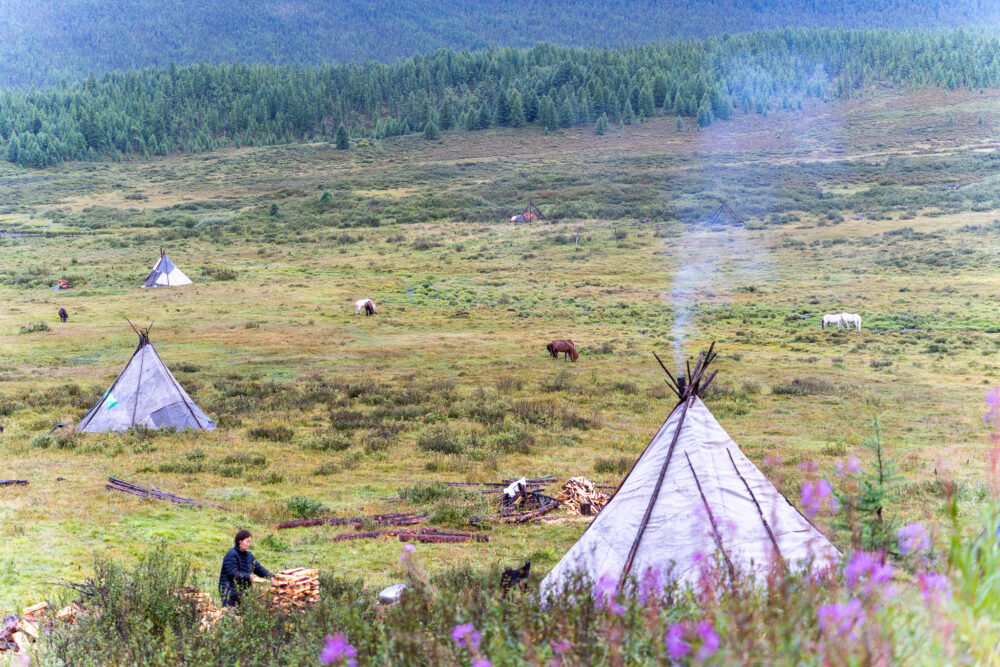 a teepee with smoke coming out of it in a grassy meadow