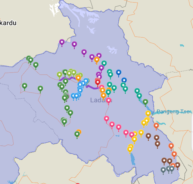 map of my pins through Ladakh on maps.me