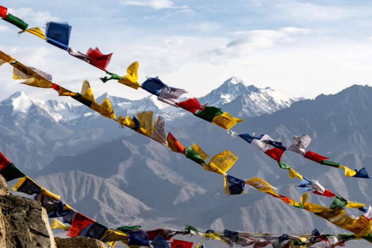 Prayer flags and snowy mountains in Leh Ladakh