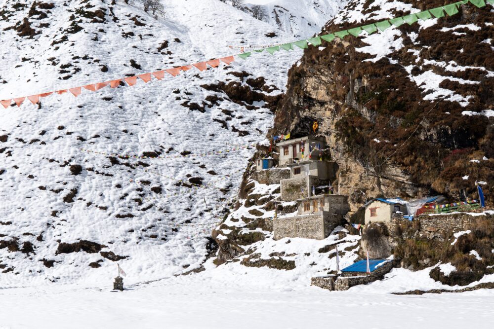 Monastery on a snowy mountainside in Nepal