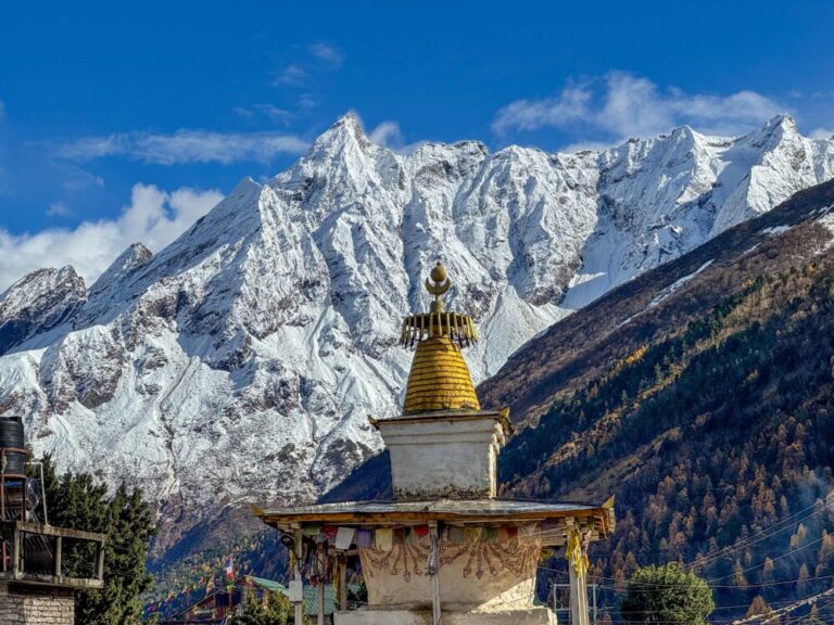 A buddhist monastery with a gold pillar and snowy mountains in the background