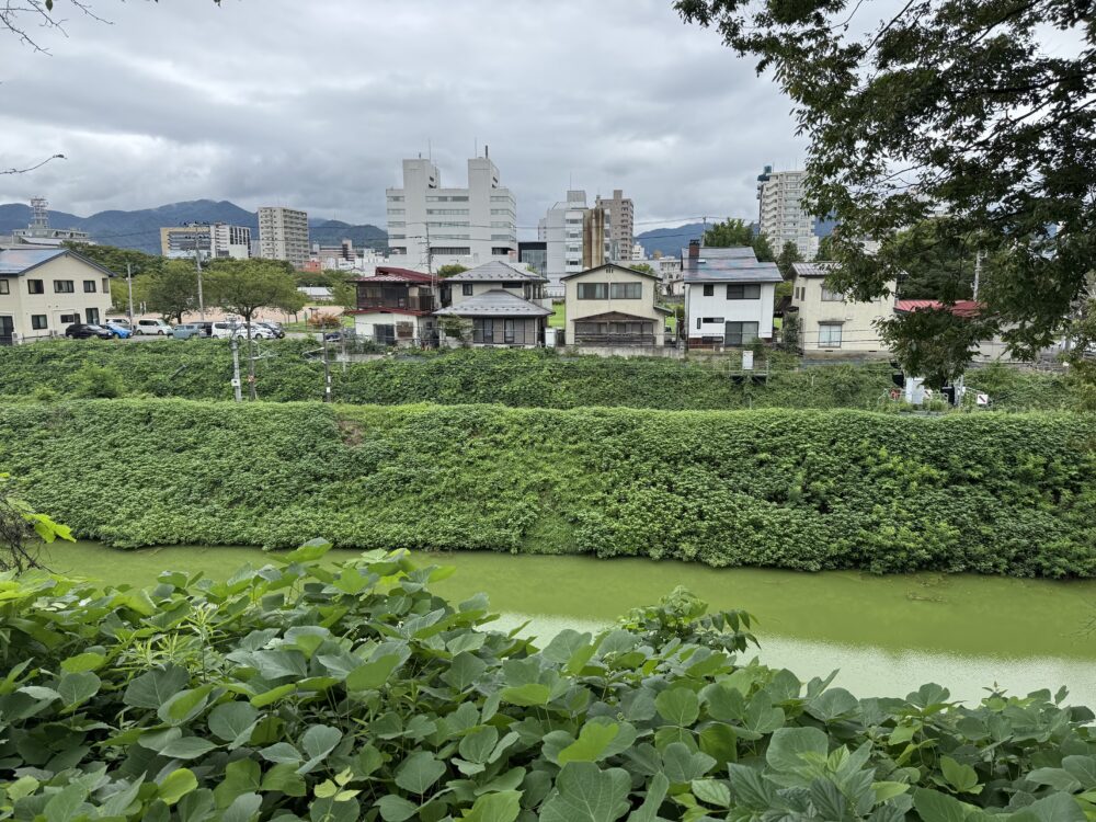 lush green waterway framed by the residential buildings of Yamagata City 