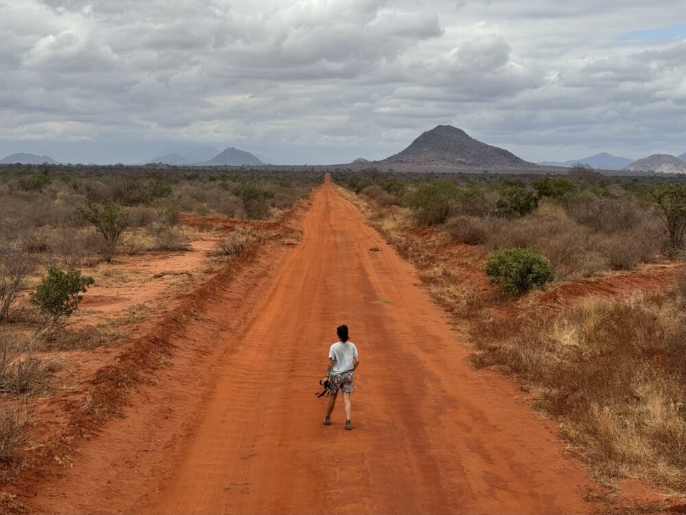 red roads of Tsavo with mountains in the back